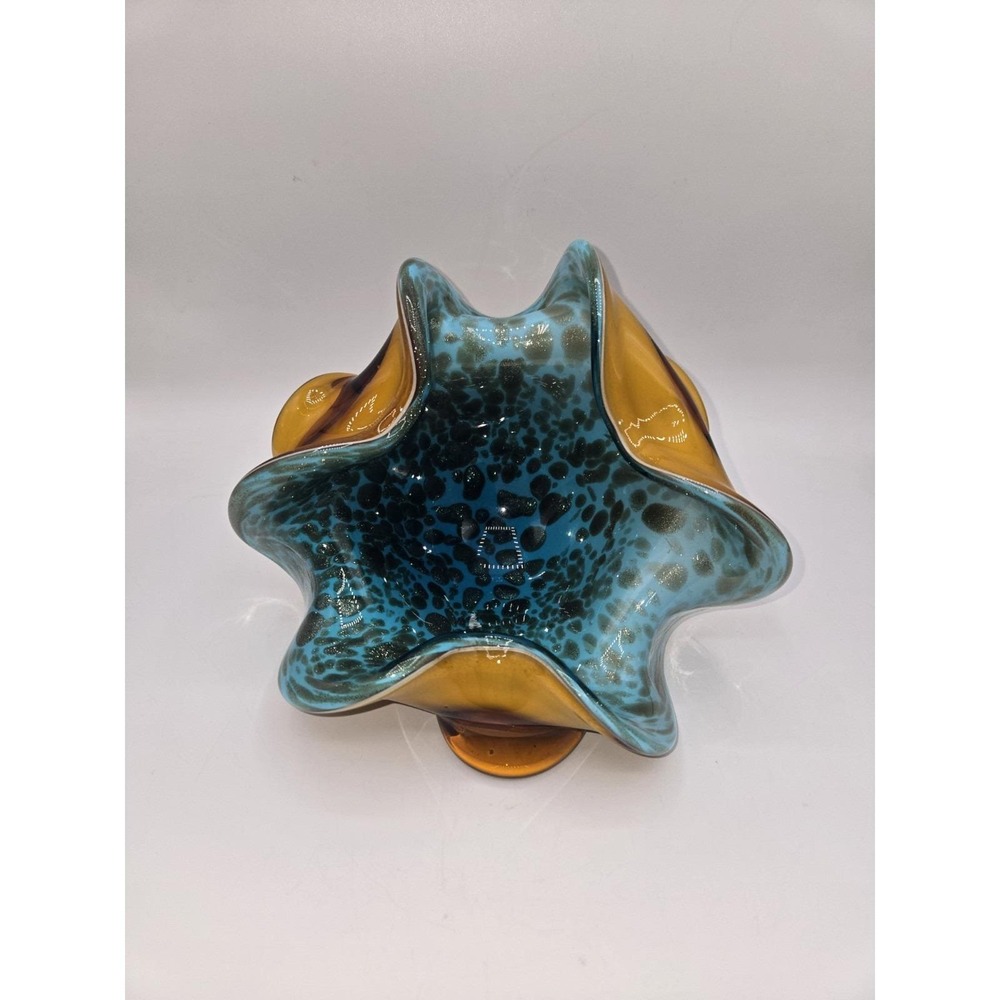 Murano‎ Glass Teal & Brown Centerpiece Bowl with Copper Aventurine 7.5"